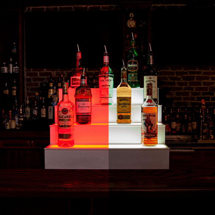 BarConic® LED Liquor Bottle Display Shelf - 4 Tier (Step) - White - Multi-Colored Lights