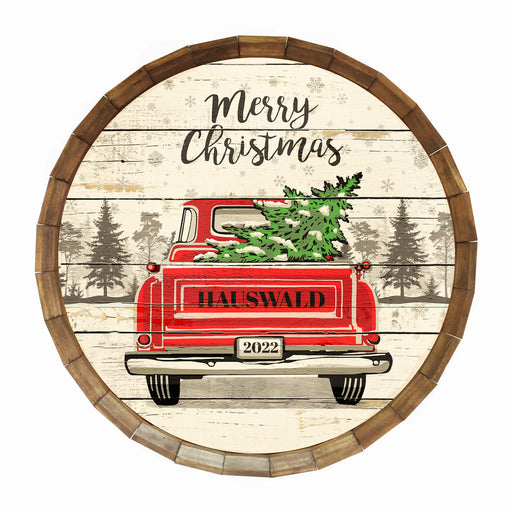 Custom Vintage Red Truck Christmas Themed Barrel Top Tavern Sign