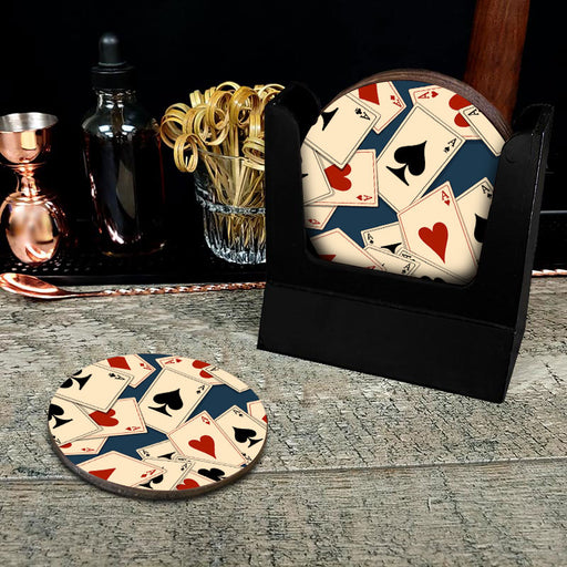 Wooden Round Coasters - Playing Cards - Set of 4 W/ Coaster Caddy