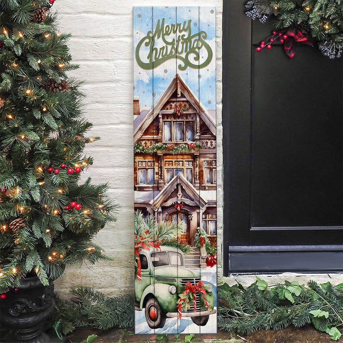 Christmas Themed Vertical Wood Plank Indoor / Outdoor Signs - Vintage Truck