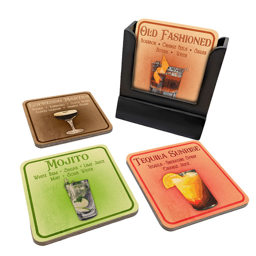 Wooden Coasters - Cocktails - Set of 4 w/ Coaster Caddy