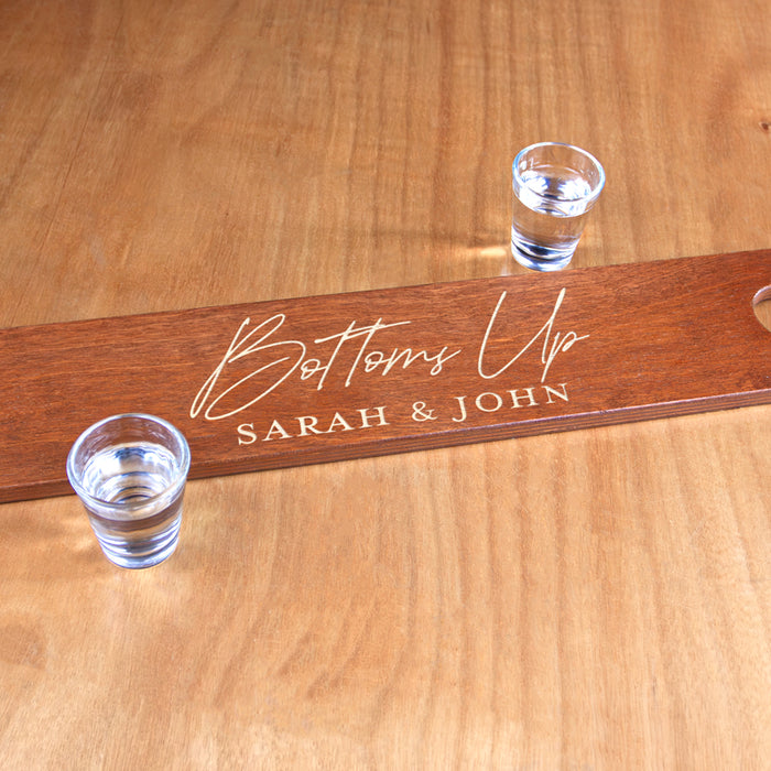Custom Laser Engraved 2-Person Wood Shot Ski - Bottoms Up Cherry Wood Stain