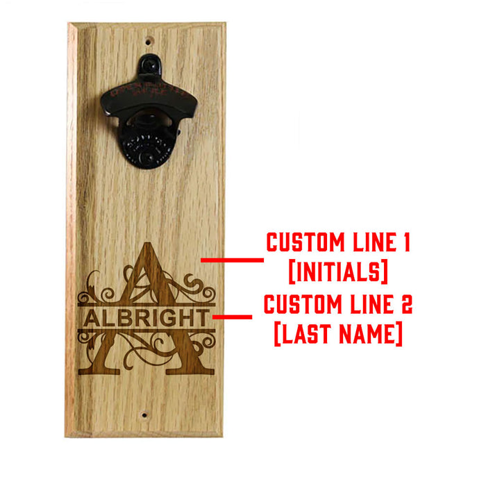 Custom Engraved Monogram Wooden Wall Bottle Opener w/ Magnetic Cap Catcher