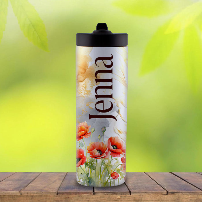 Customizable Skinny Tumbler with Black Handle / Lid - Poppy Floral - 20 ounce
