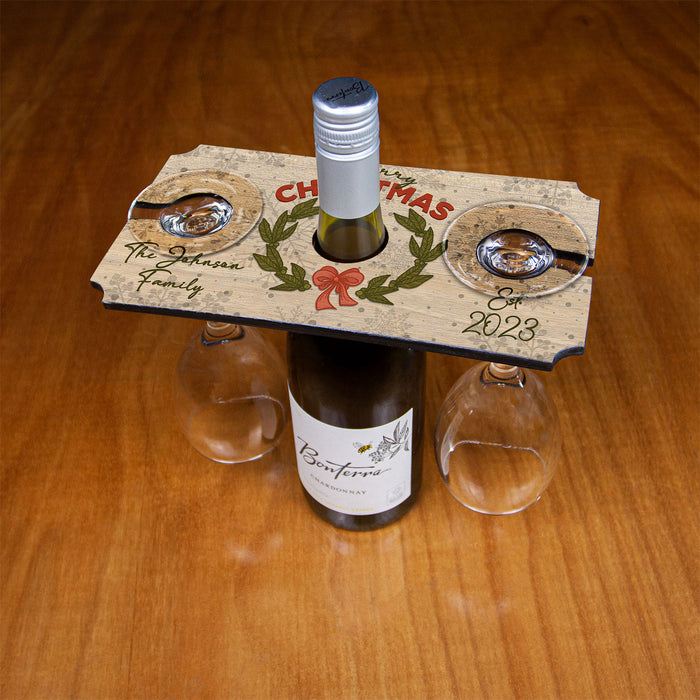 Customizable Wood Wine Glass Caddy - Merry Christmas