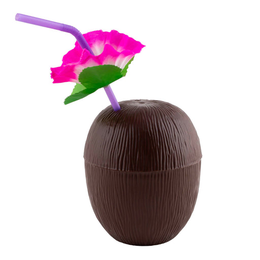 Plastic Coconut Cup with Colorful Flower Straw - Pack of 12