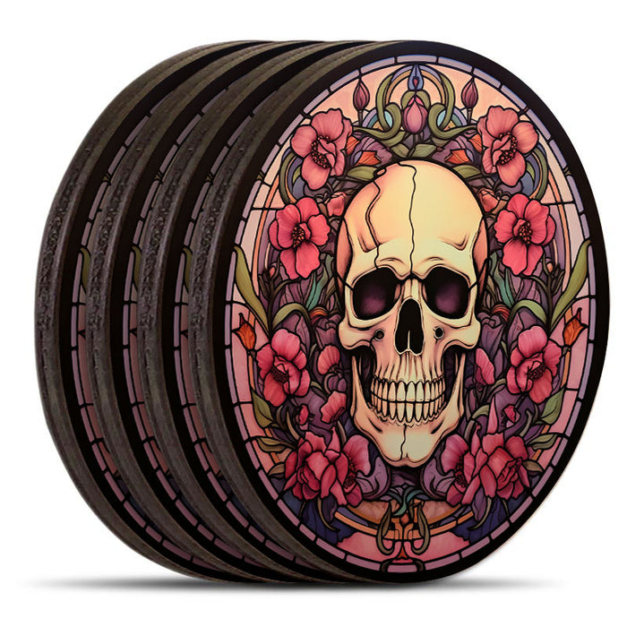 Wooden Round Coasters - Multiple Stained Glass Skulls Design 2
