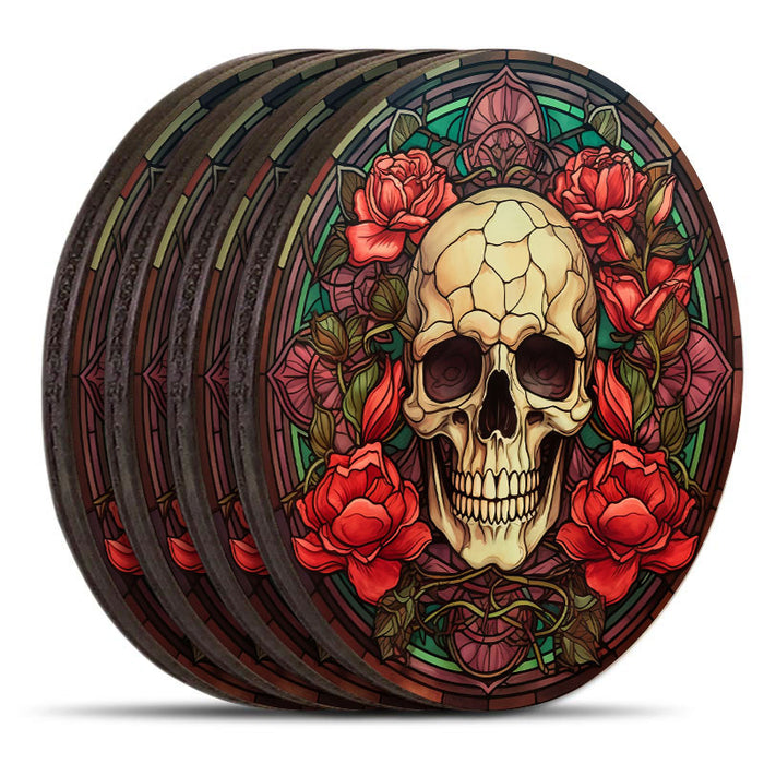 Wooden Round Coasters - Multiple Stained Glass Skulls Design 3