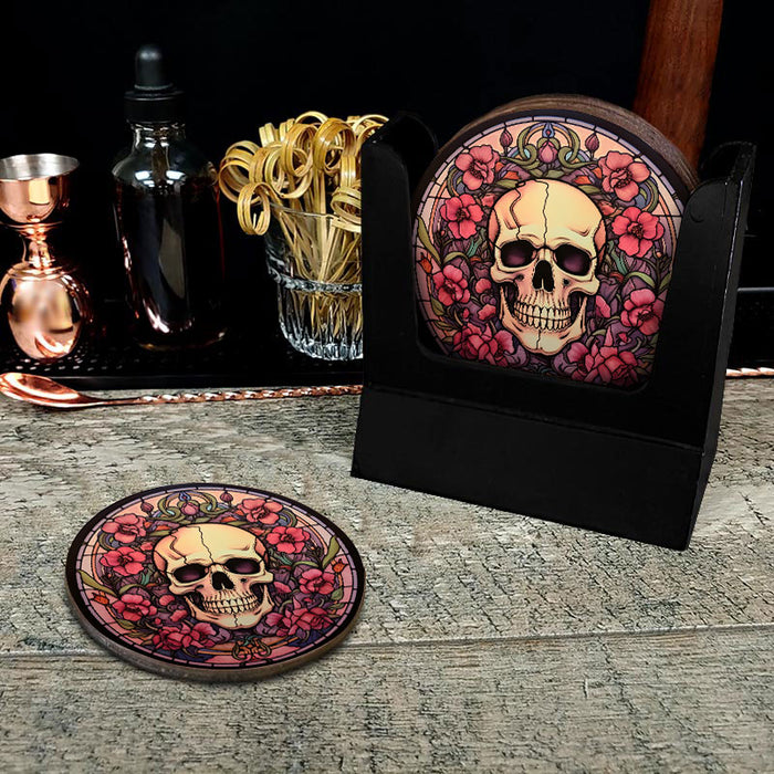 Wooden Round Coasters - Multiple Stained Glass Skulls Design 2 W/ Coaster Caddy