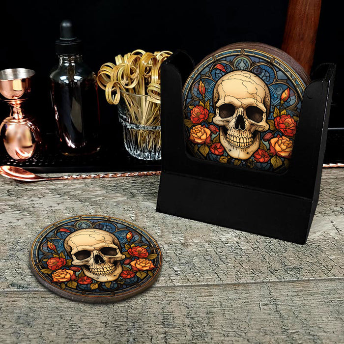 Wooden Round Coasters - Multiple Stained Glass Skulls Design 4 W/ Coaster Caddy