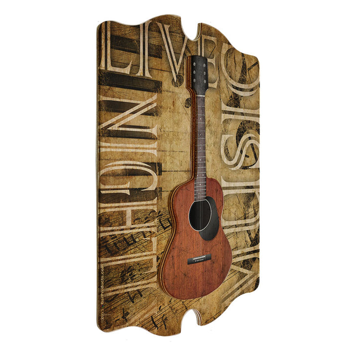 3D Wooden Guitar Tavern Sign - Live Music Nightly - Angle View