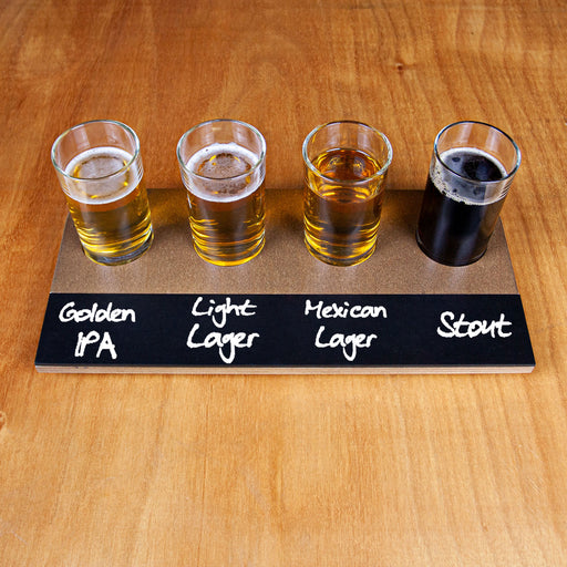 Beer Flight with Walnut Finish and Chalk Strip - Highball GlassesBeer Flight with Walnut Finish and Chalk Strip - Highball Glasses