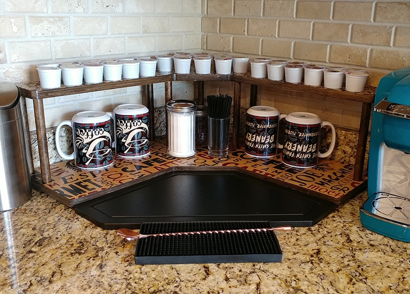Counter Caddies™ - Corner Shelf - "BARISTA" Themed Artwork - w/ K-CUP Holes - coffee mugs condiments supplies