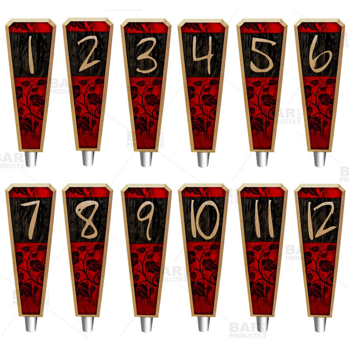 Numbered Beer Tap Handles - Oak Wood - Red / Black Grunge