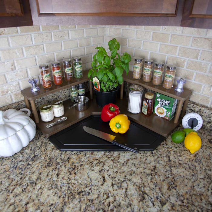 Counter Caddies™ - Walnut-Stained Corner Shelf - Culinary Style - herbs spices ingredients