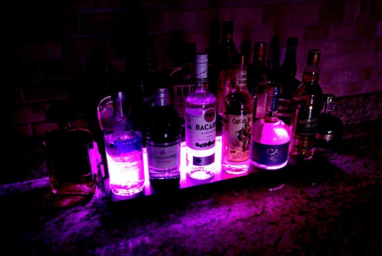 LED Counter Caddies™ - Wood Design Straight Shelf - Liquor/Wine Bottle Display - 24" Length w/ T-Molding and Multiple Finish Options - bright light glow magenta red