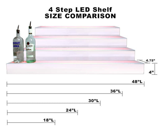 BarConic® LED Liquor Bottle Display Shelf - 4 Steps - Polished Mirrored Metal - Several Lengths