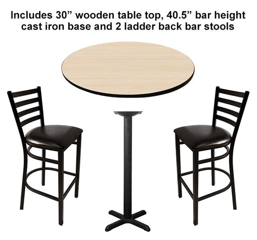 Table Top Set with Base and 2 Bar Stools - 30" Round Wooden Table, 40.5" Bar Height Cast Iron Base - CUSTOMIZABLE