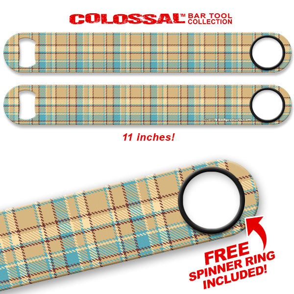Kolorcoat™ 11" Long COLOSSAL™  Speed Bottle Opener – Tan / Blue Plaid