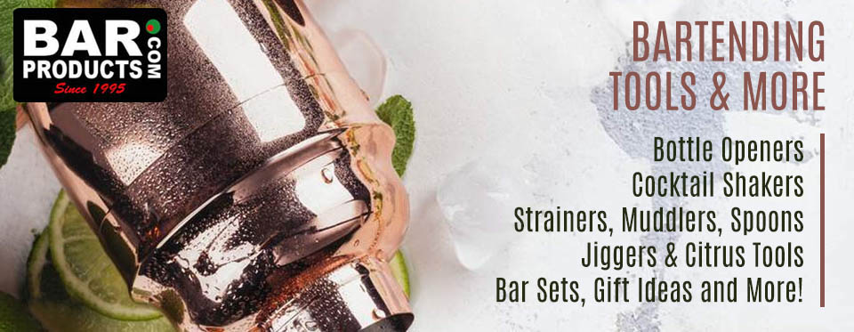 Bartenders tools set with bottle opener, cocktail shakers, strainers, muddlers, stirring spoons, jiggers, and citrus tools.