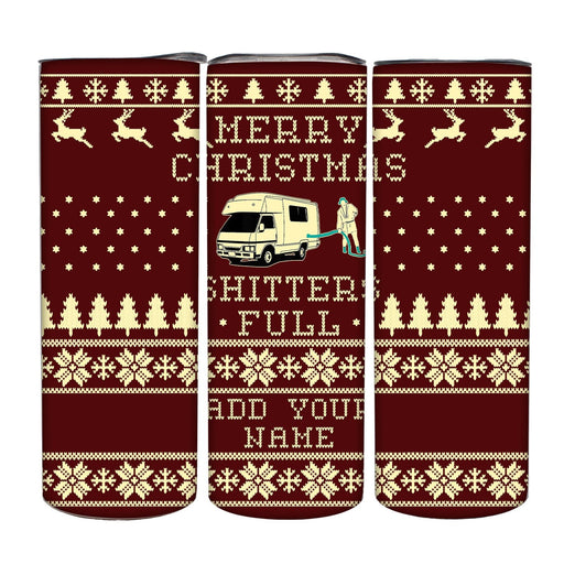 Three cylindrical containers with a festive design featuring trees, snowflakes, and text on a red background.