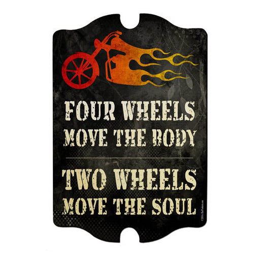 Decorative sign with a motorcycle graphic and text on a white background