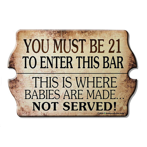 Vintage-style sign with humorous bar policy text on a white background