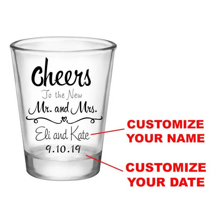 CUSTOMIZABLE - 1.75oz Clear Wedding Shot Glass - Cheers - 12 Count
