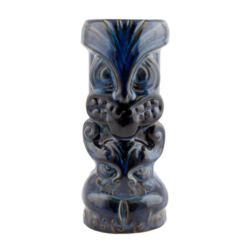 Decorative tiki mug with blue and black design on a white background