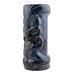 Blue ceramic tiki mug with intricate designs on a white background