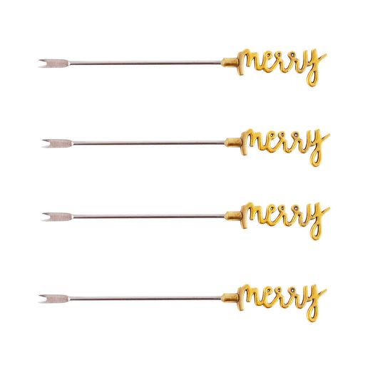 4 Piece "Merry" Cocktail Picks - Silver or Gold Color Option