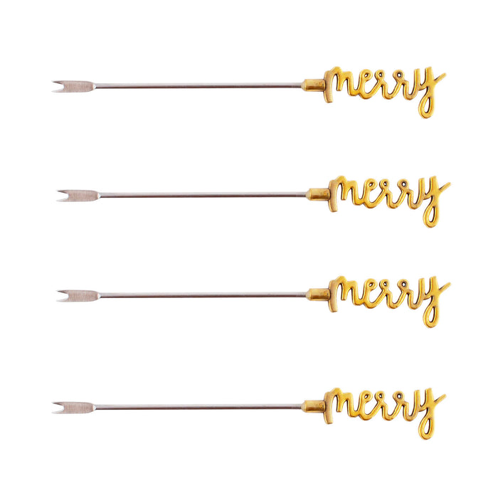 4 Piece "Merry" Cocktail Picks - Silver or Gold Color Option