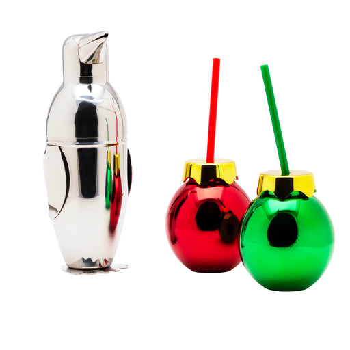 Silver cocktail shaker with red and green drink containers and straws on a white background