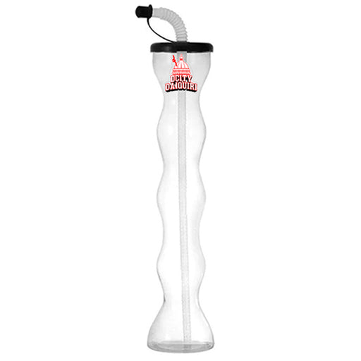 Clear plastic bottle with black cap and straw on a white background