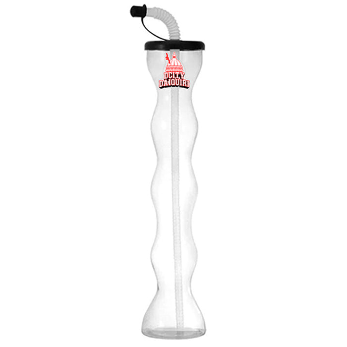 Clear plastic bottle with black cap and straw on a white background