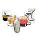 Set of cocktail-themed pins including glasses, a shaker, and a bottle on a white background