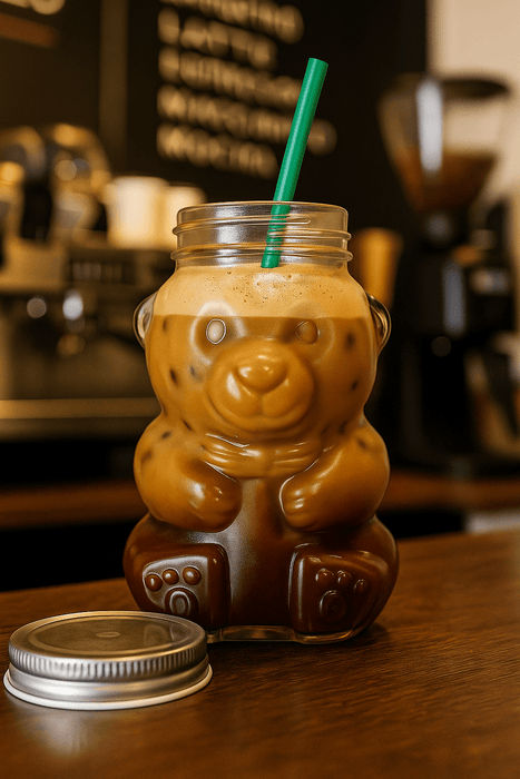 Bear-shaped glass container with iced coffee and a green straw, set against a blurred coffee shop background.