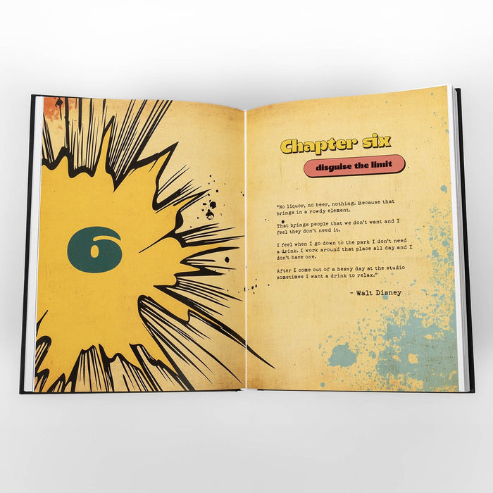 Open book with comic book style design on a white background