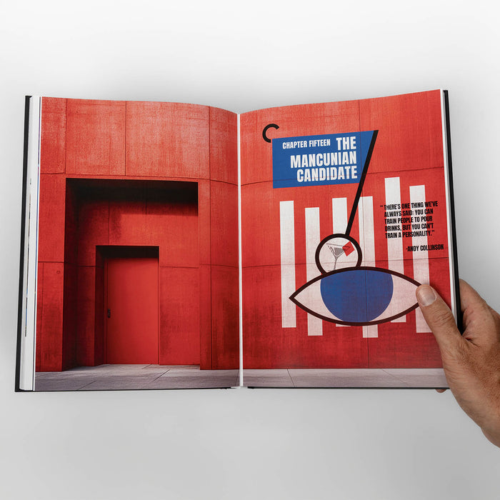 Open book with red interior and graphic design on a white background