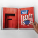Open book with red interior and graphic design on a white background