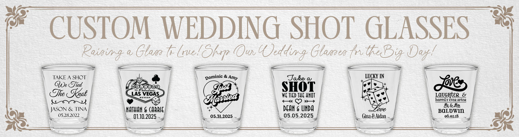 Set of custom wedding shot glasses with various designs on a white background