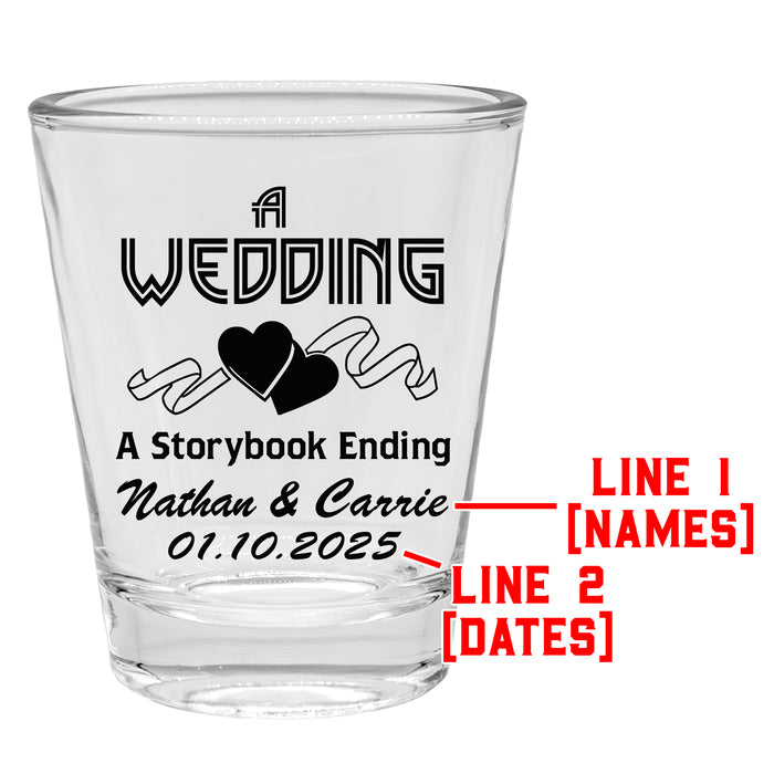 Customizable 1.75oz Clear Shot Glass A Storybook Ending Themed Shot Glasses  with custom names and date