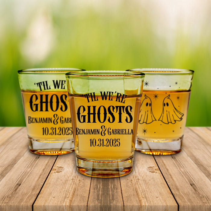 Personalized 1.75oz Clear Wedding Shot Glasses with alcohol using 'Til We're Ghosts shot glass design