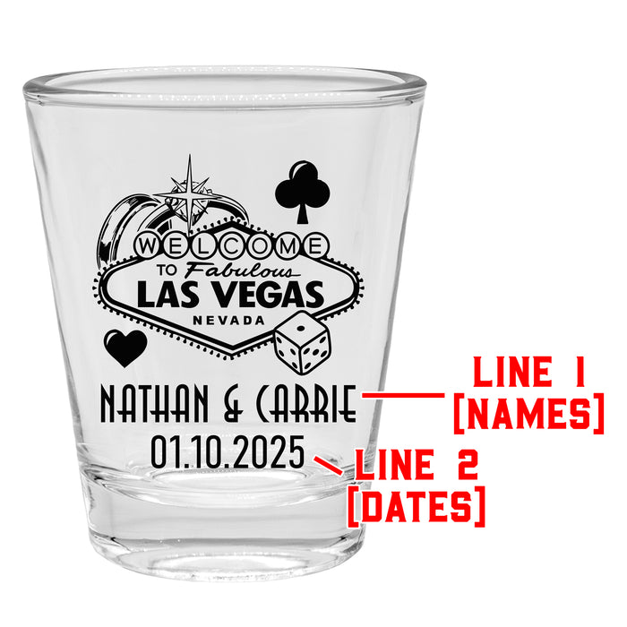 Customizable 1.75oz Clear Shot Glass Vegas Themed Shot Glasses custom lines for name and date 