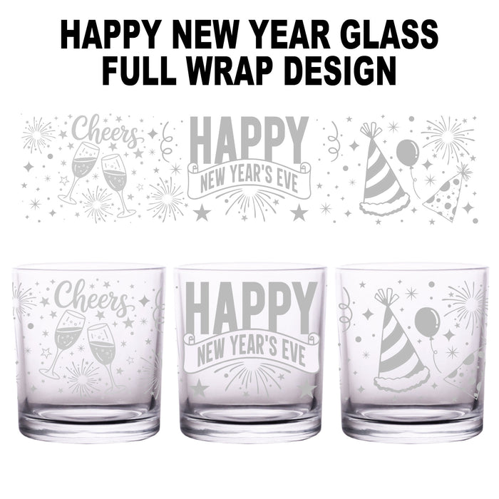 Three glass tumblers with New Year's Eve designs on a white background