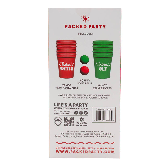 Packed Party product packaging with red and green cups and ping pong balls on a white background