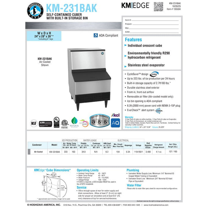 Hoshizaki Air Cooled 80 lb. Storage Crescent Cube Ice Maker with Bin