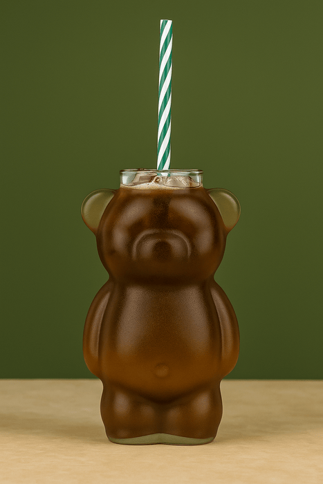 Bear-shaped glass with iced drink and straw on a green background
