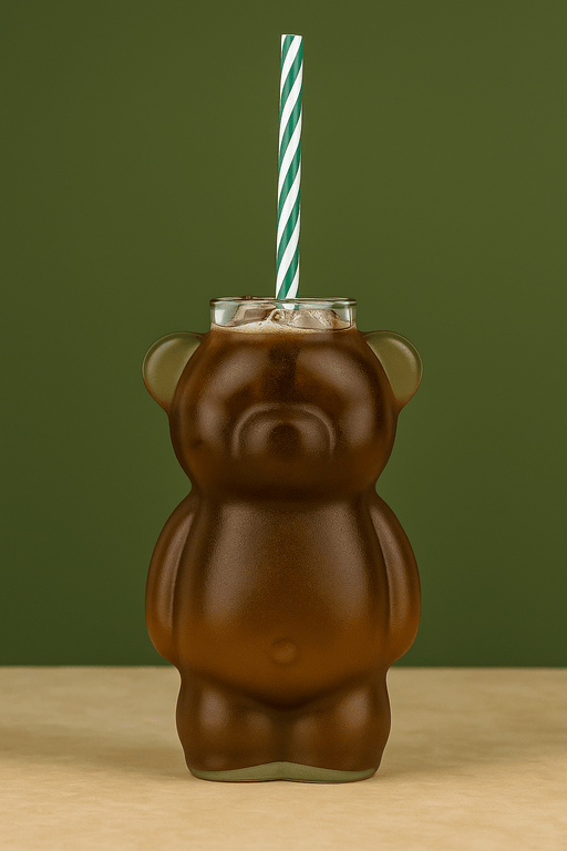Bear-shaped glass with iced drink and straw on a green background