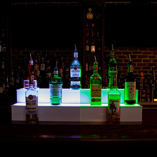 BarConic® LED Liquor Bottle Display Shelf - 2 Tier (Step) - White - Multi-Colored Lights 